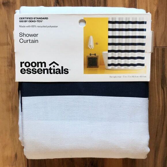NEW Room Essentials Navy Blue And White Shower Curtain - Picture 1 of 4